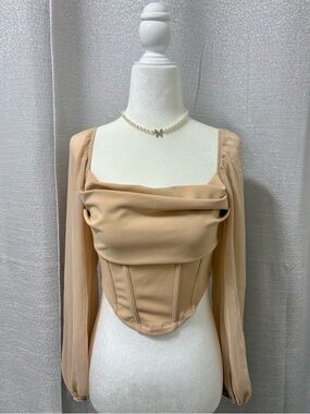 SHEIN Women’s Beige Square Neck Lantern Sleeve Drape. Corset Top Size Small